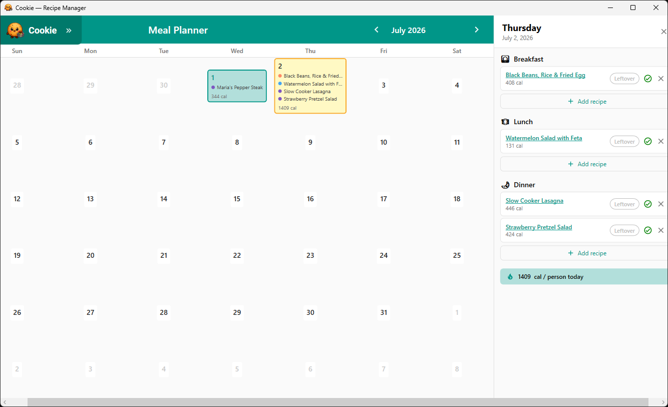Meal Planner — breakfast, lunch and dinner with calorie totals per person