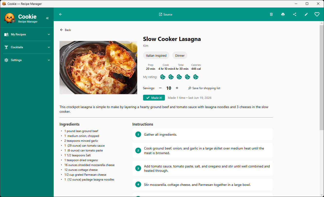 Recipe detail — ingredients, steps, nutrition and your rating