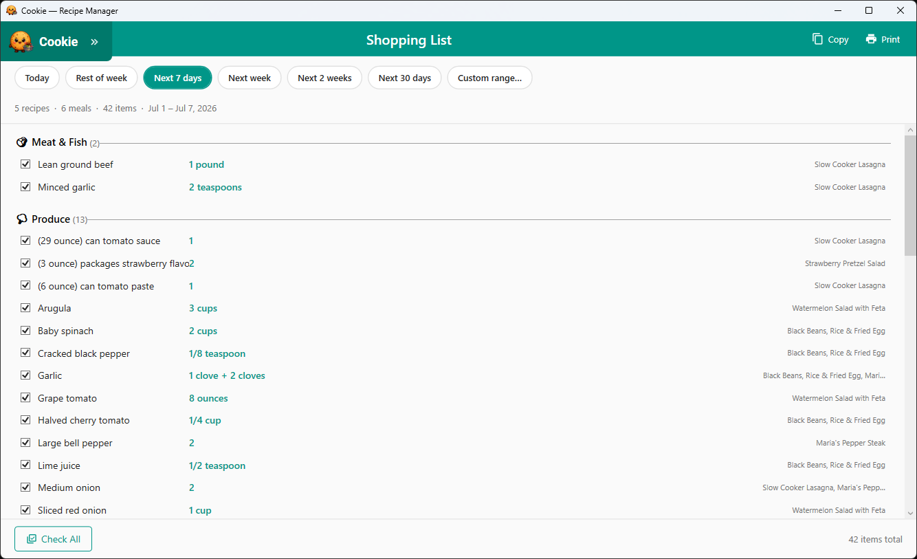 Shopping List — auto-generated from your meal plan, sorted by aisle